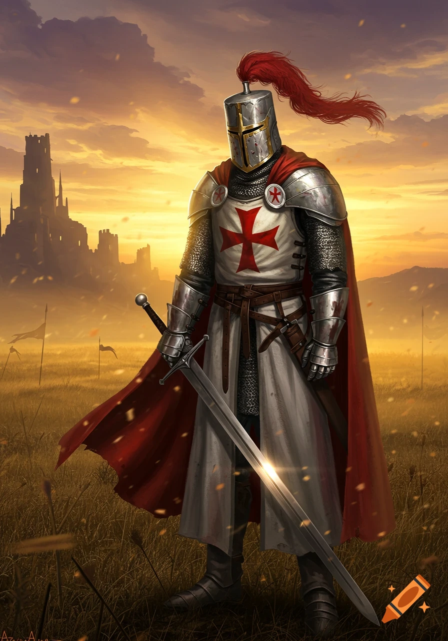 A formidable Templar knight in full armor, holding a greatsword, stands in a golden field with a castle at sunset, in a detailed fantasy art style.
