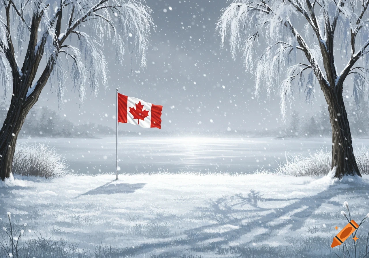 A snowy winter landscape with two frost-covered willow trees framing a frozen lake and a Canadian flag on a pole.