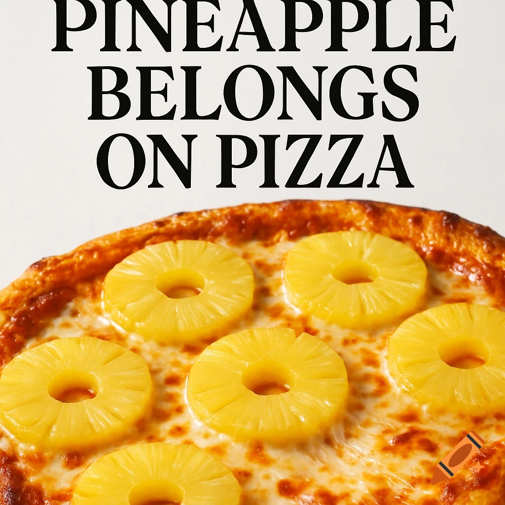 A close-up of a pizza topped with pineapple slices and melted cheese, with the text 'PINEAPPLE BELONGS ON PIZZA' above it.