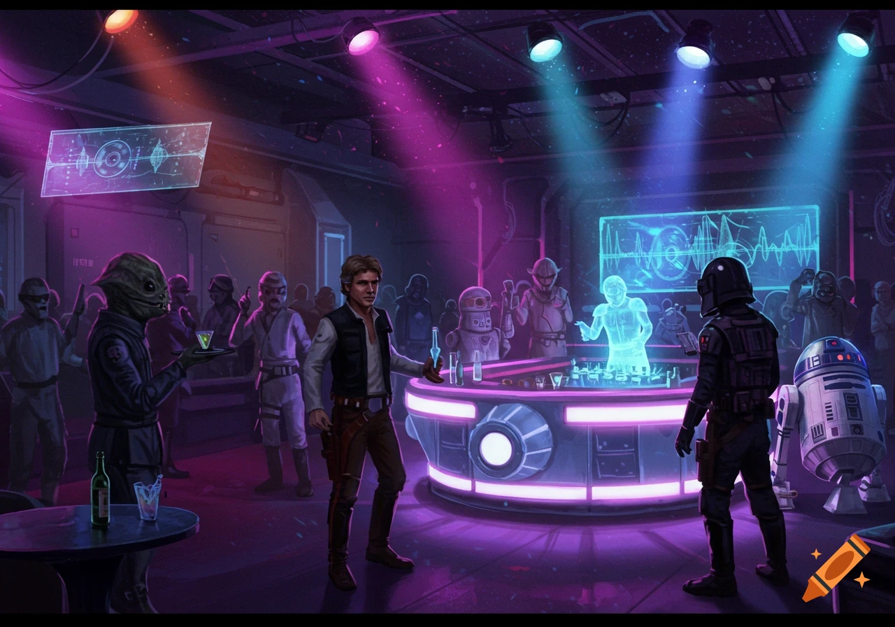 Han Solo and various aliens and droids gather in a vibrant, neon-lit Star Wars nightclub with holographic screens.