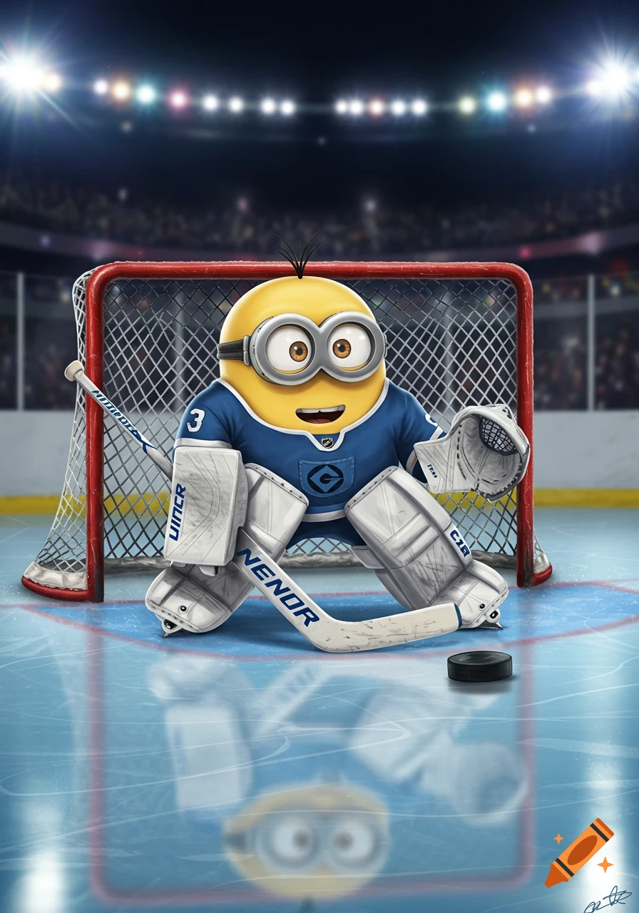 A Minion dressed as a hockey goalie, crouching in front of a net on an ice rink, holding a stick and wearing pads.