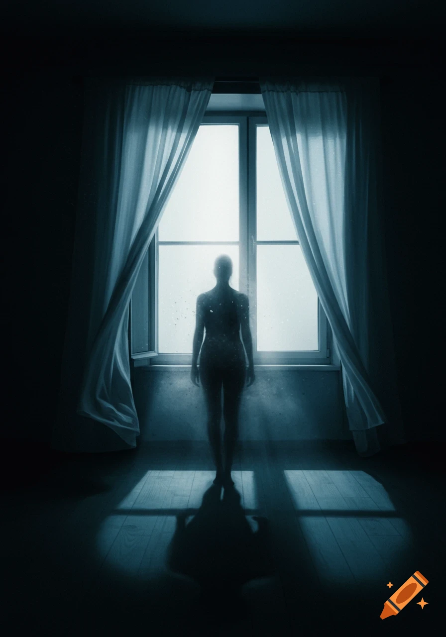 Ethereal human silhouette stands in a dark room before a bright window with flowing curtains, creating a surreal, dreamlike atmosphere.