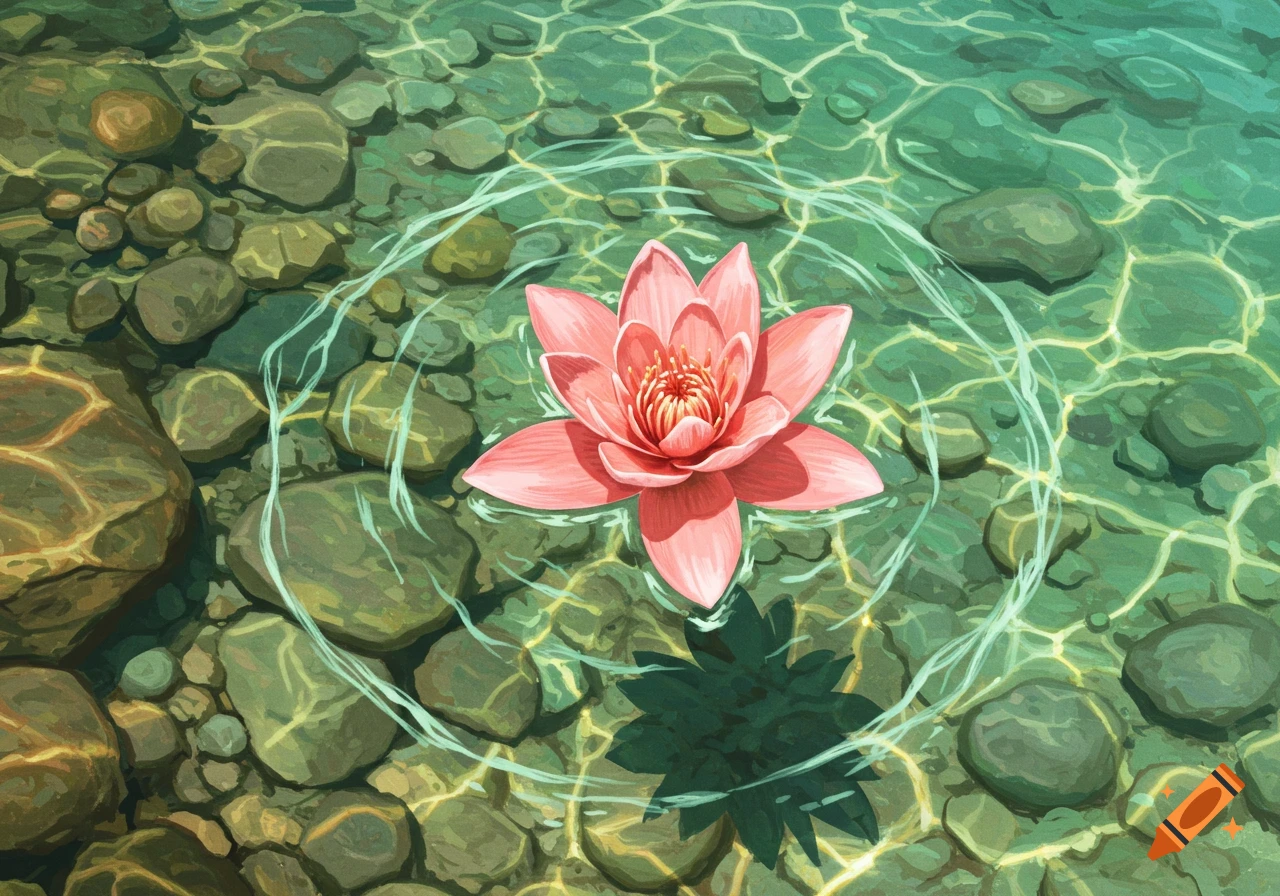 A vibrant pink lotus flower floats on clear, rippled water, revealing river stones beneath with sunlight patterns.