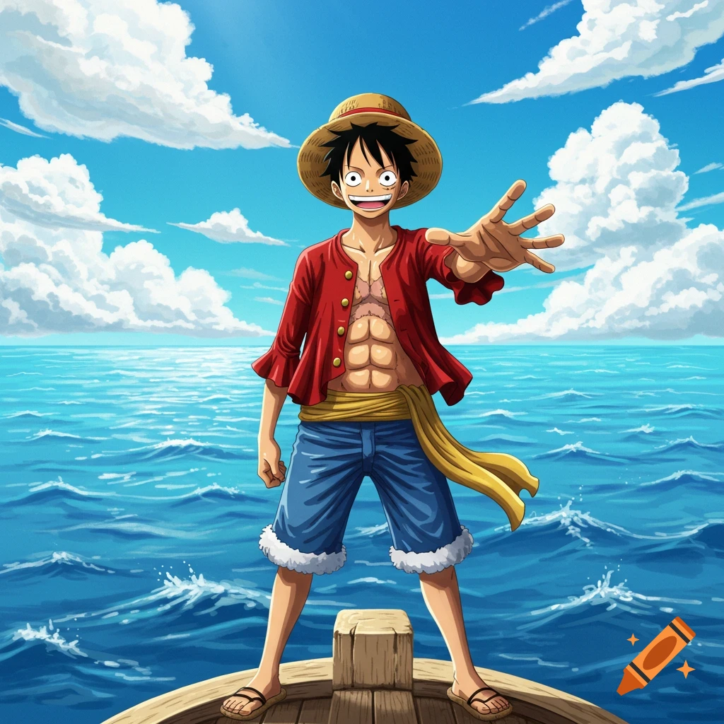 Luffy from One Piece stands on a wooden boat, extending an open hand toward the viewer against a blue ocean and cloudy sky.