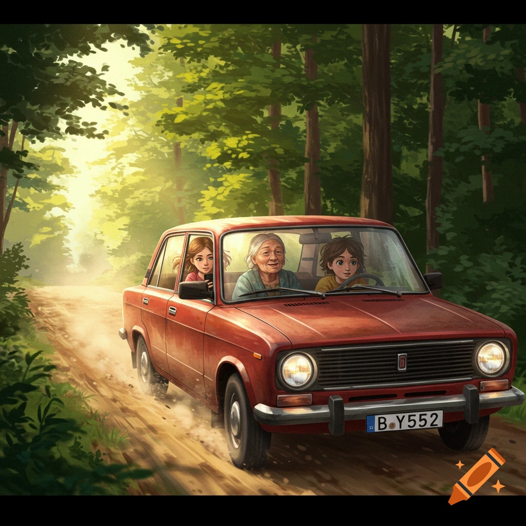 Illustrated scene of a grandmother driving a red sedan with a girl and boy passengers on a dusty forest road.