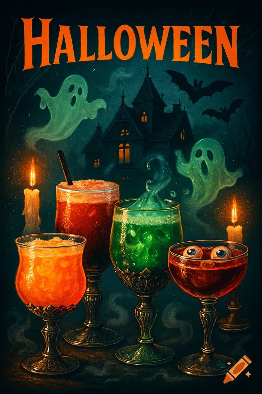 A retro Halloween poster featuring 'HALLOWEEN' text, four festive drinks with spooky elements, ghosts, bats, and a haunted house.