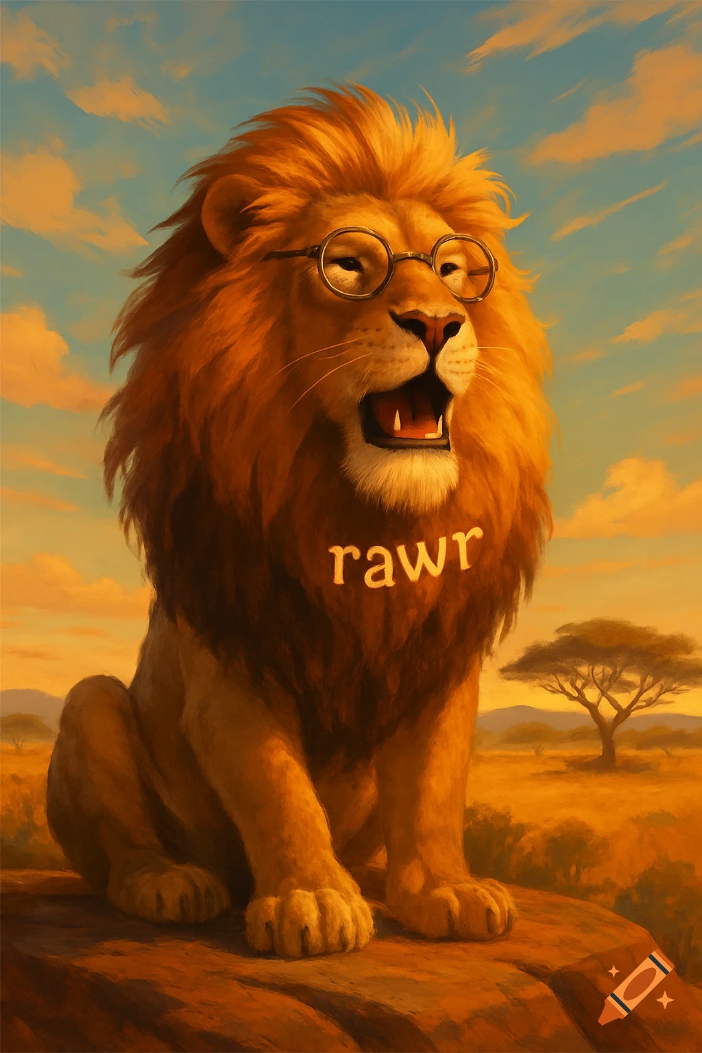 A cartoon lion with round glasses roars "rawr" while sitting on a rock in a golden savanna landscape.