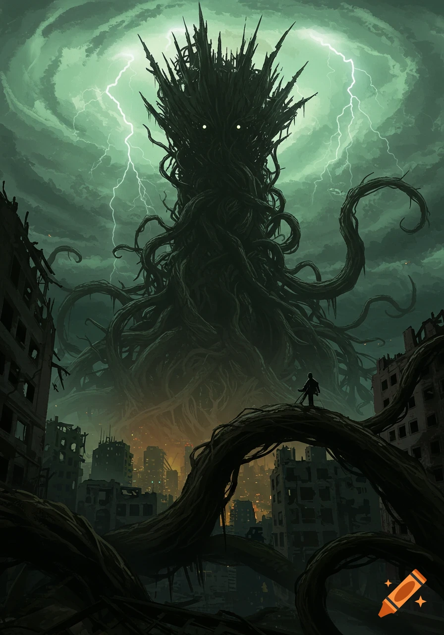 A giant dark vine monster with glowing eyes towers over a destroyed city under a stormy green sky; a lone figure stands on a root.