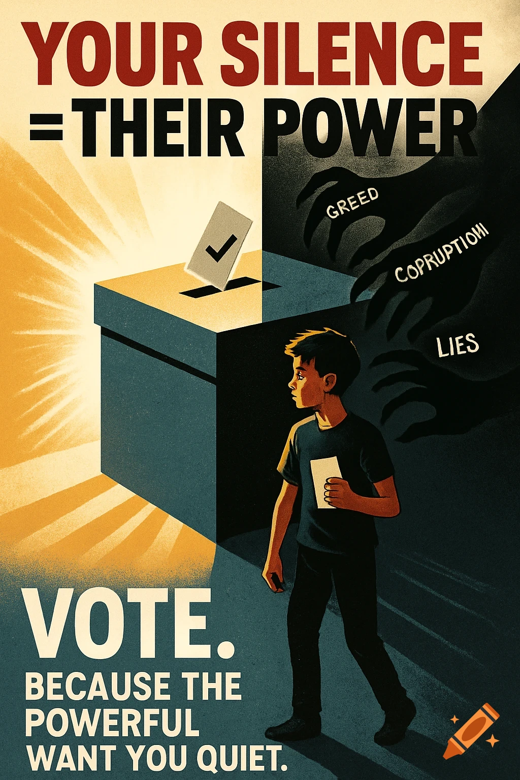 A poster showing a ballot box split into light and dark, with a young person holding a ballot. Text reads "Your Silence = Their Power" and "Vote. Because the powerful want you quiet." Shadowy hands labeled "Greed," "Corruption," and "Lies" reach from the dark side.