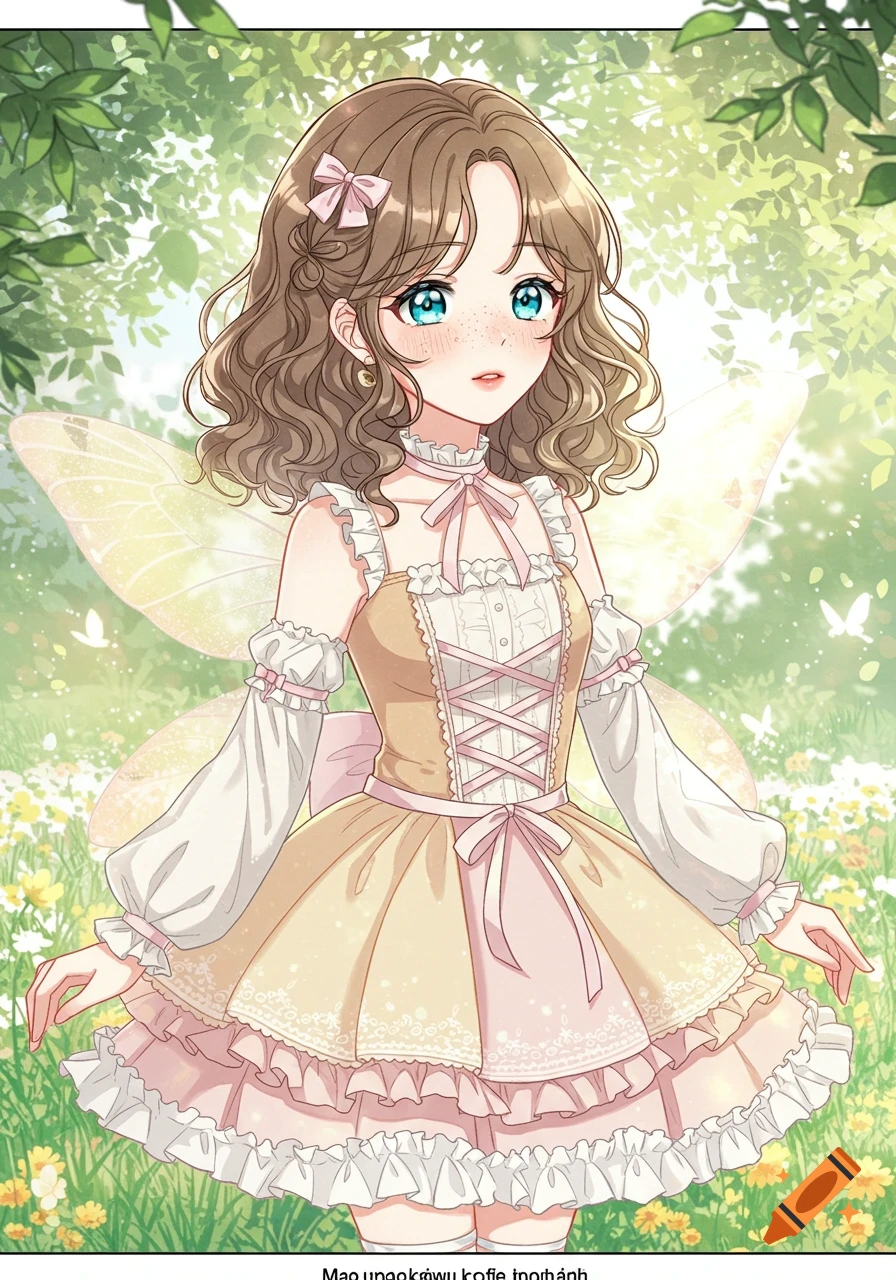 A cute fairy girl with brown curly hair, blue eyes, and blush, wearing a lacy, bowed fairy core dress and translucent wings, in a magical flowery forest, manhwa style.