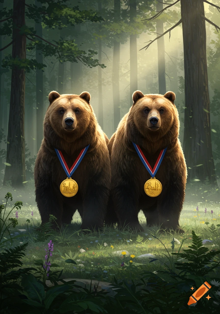 Two grizzly bears wearing red, white, and blue medals stand in a misty forest.