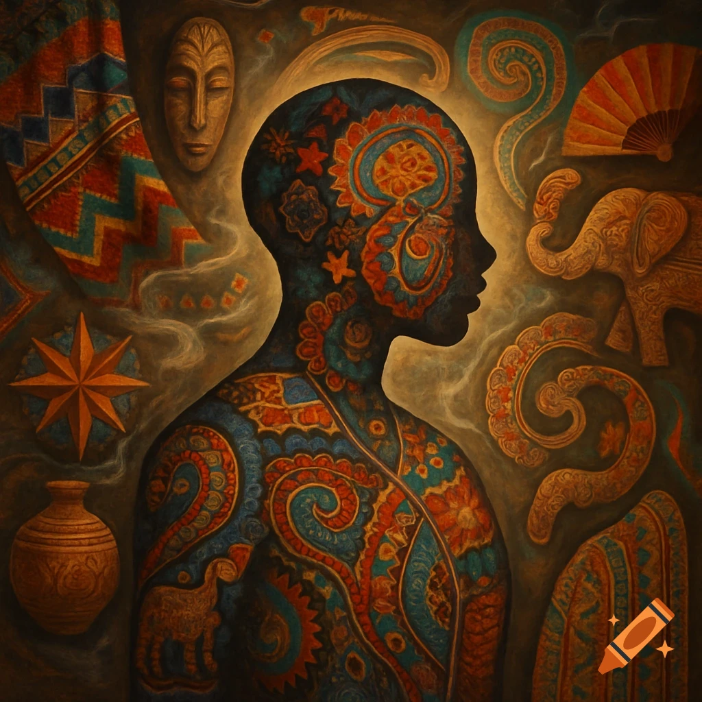 Stylized human silhouette covered in vibrant red and blue paisley patterns, surrounded by cultural motifs like a mask, elephant, and fan, in a painterly style.