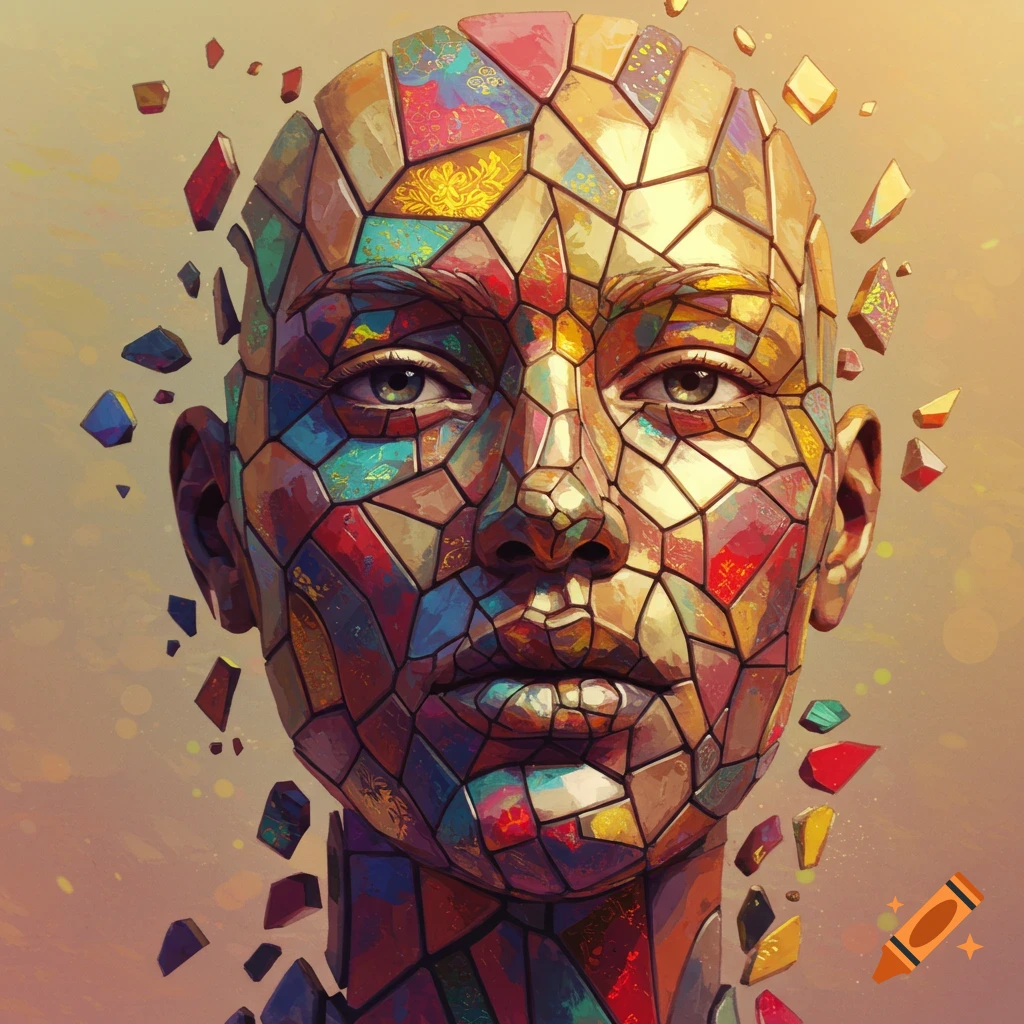 Close-up of a human face rendered in a colorful, fractured mosaic style with pieces breaking away.