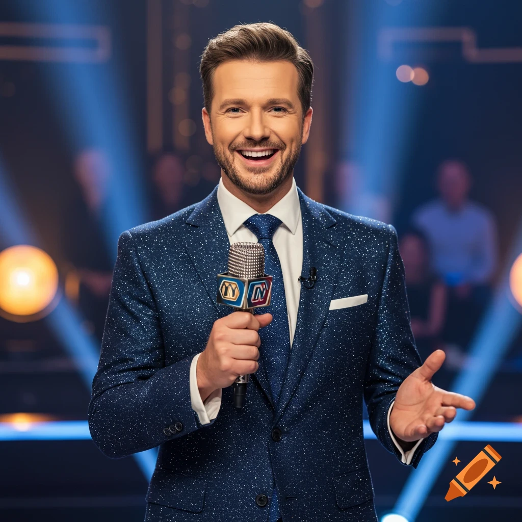 A smiling, friendly male TV host in a sparkly navy suit holds a rhinestone microphone on a brightly lit set.