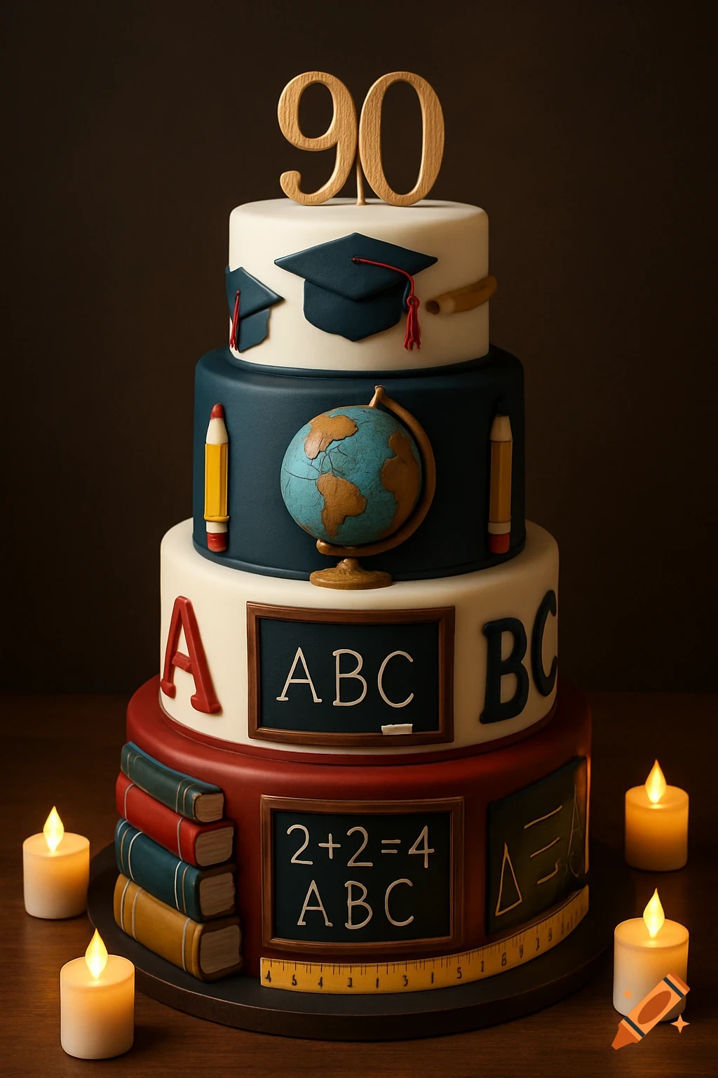 A realistic, five-tiered cake celebrating a 90th anniversary with an educational theme, featuring graduation caps, a globe, pencils, books, and blackboards displaying text like 'ABC' and '2+2=4', surrounded by small battery-operated candles.