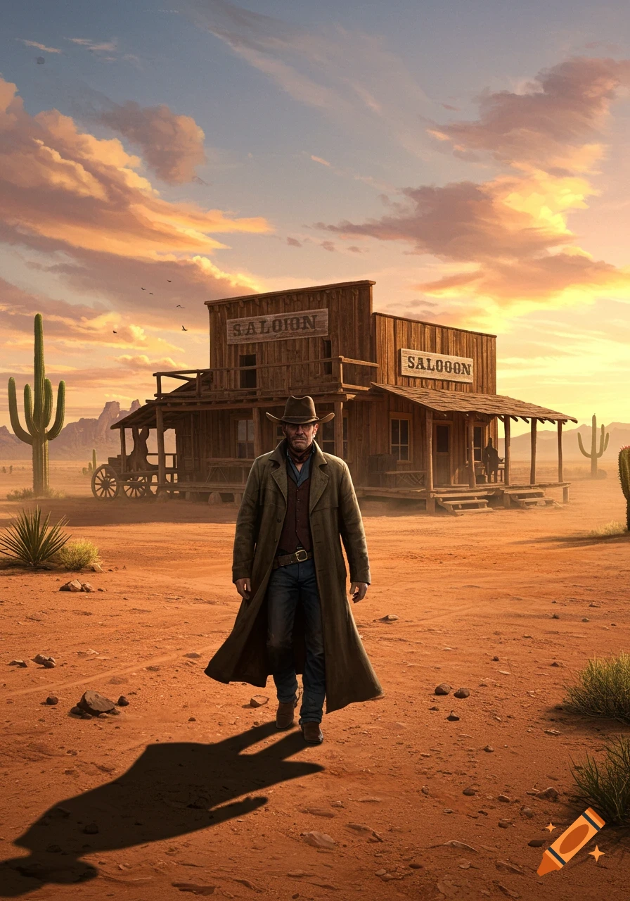 A lone cowboy in a duster coat and hat walks through a dusty desert towards a wooden saloon at sunset.