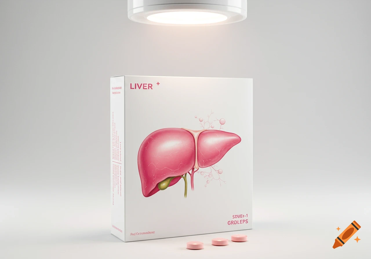 A white box of "LIVER +" pills with an illustration of a pink human liver sits on a white surface under a light, with three pink pills in front.