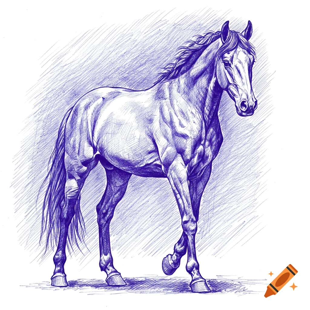 A detailed ballpoint pen drawing of a horse standing, rendered in blue ink with cross-hatching.
