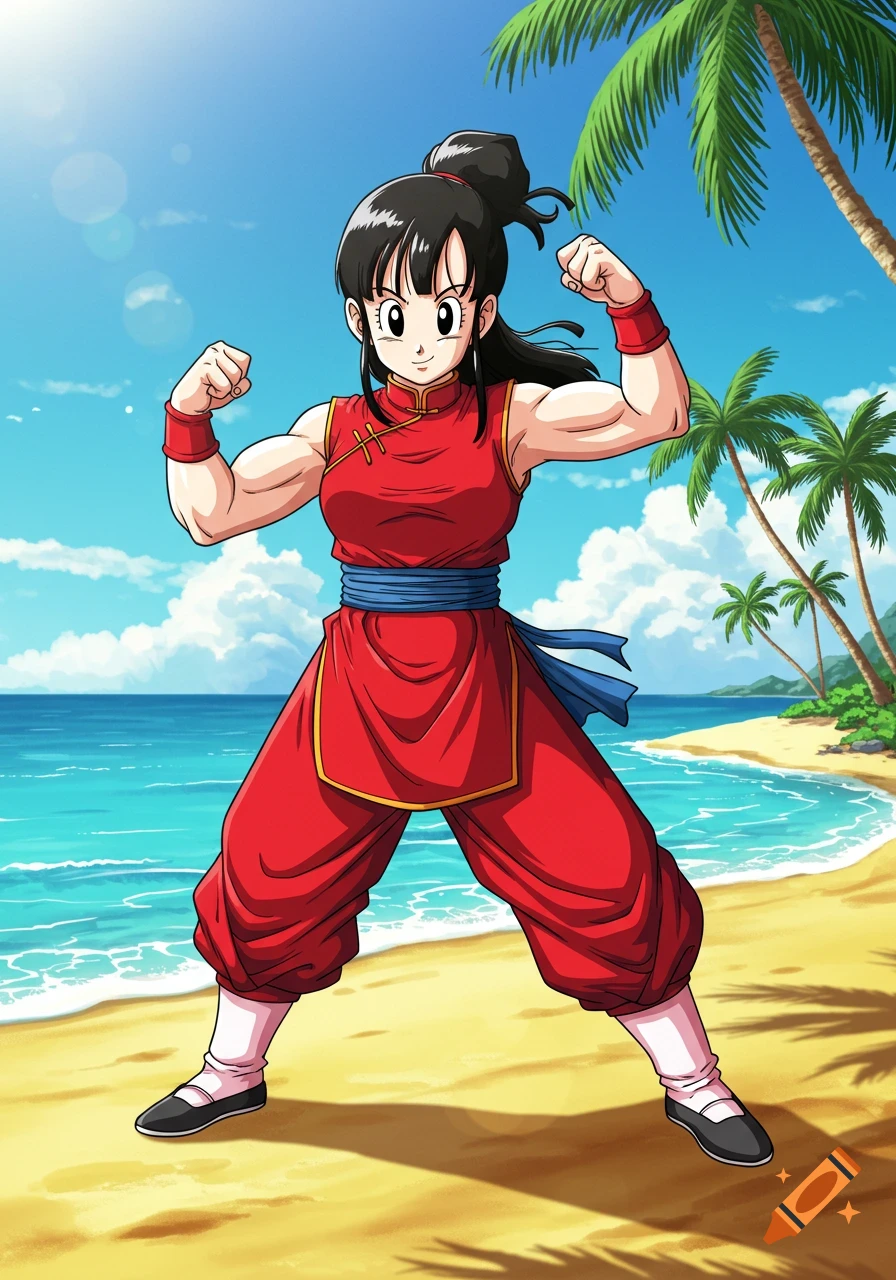 Anime character Chi-Chi from Dragon Ball Z flexing her biceps in a red martial arts outfit on a sunny beach.