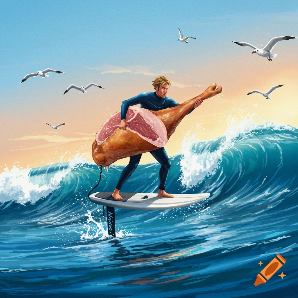 A man in a wetsuit surfs a wave on a foil board, holding a large leg of ham over his shoulder, with seagulls flying overhead in an illustrative style.