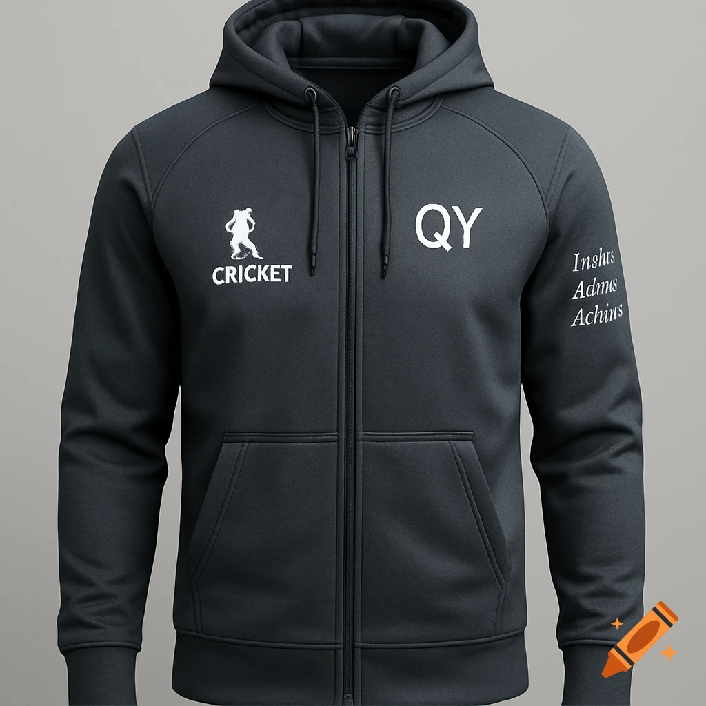 A dark gray zip-up hoodie with a white cricket logo and 'CRICKET' text on the left chest, 'QY' on the right, and illegible text on the sleeve.