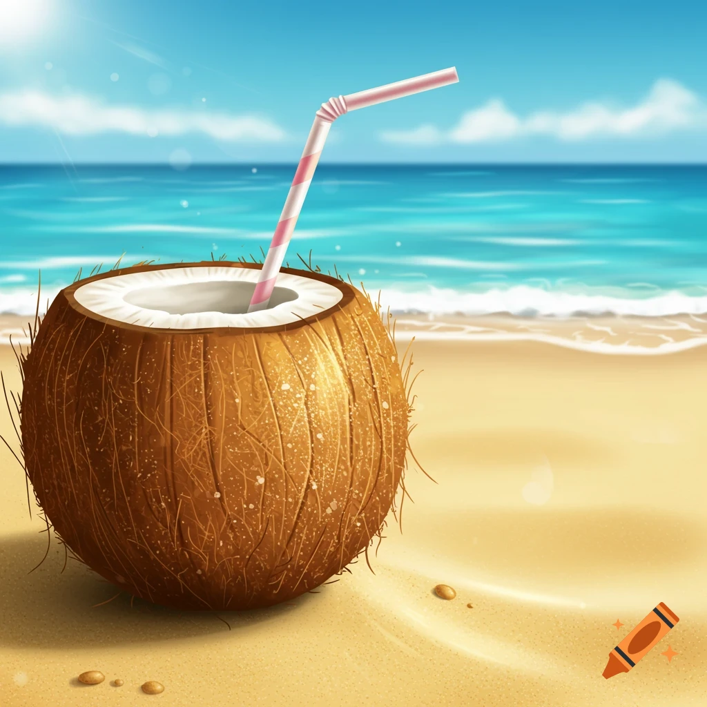 A coconut with a pink and white striped straw sits on a sandy beach, with blue ocean waves and a bright sky in the background.