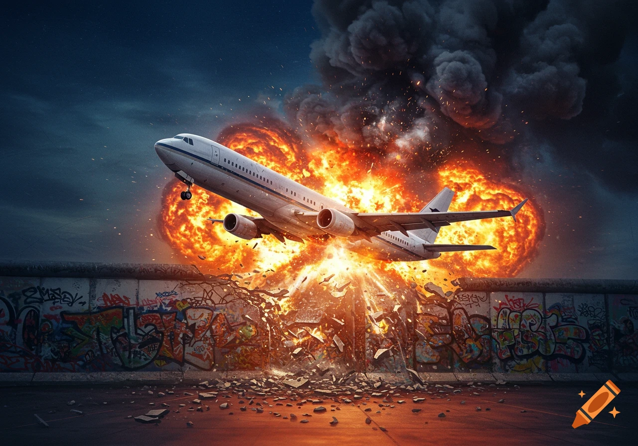 A Boeing airplane crashes into a graffiti-covered Berlin Wall at night, causing a massive explosion and shattering the wall.