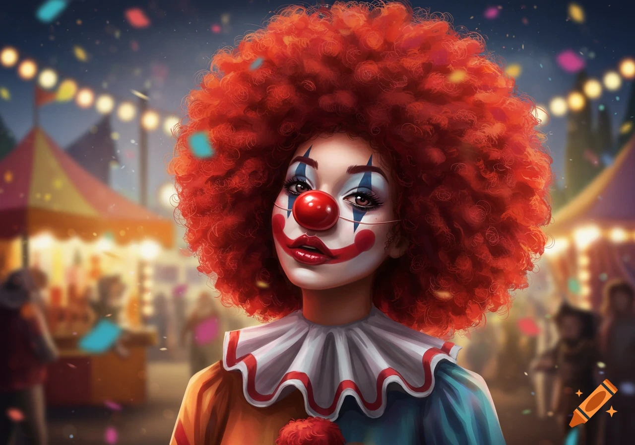 A vibrant digital art portrait of a clown woman with a bright red afro, red nose, and colorful makeup, at a carnival.
