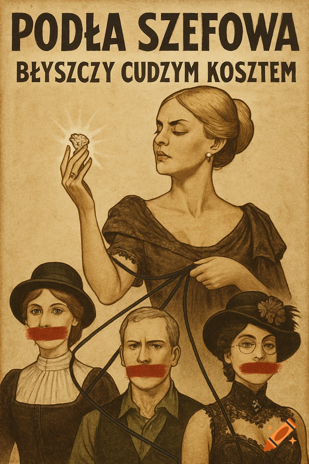 Vintage sepia poster shows a woman holding leashes attached to three silenced people with red-painted mouths, while admiring a gem.