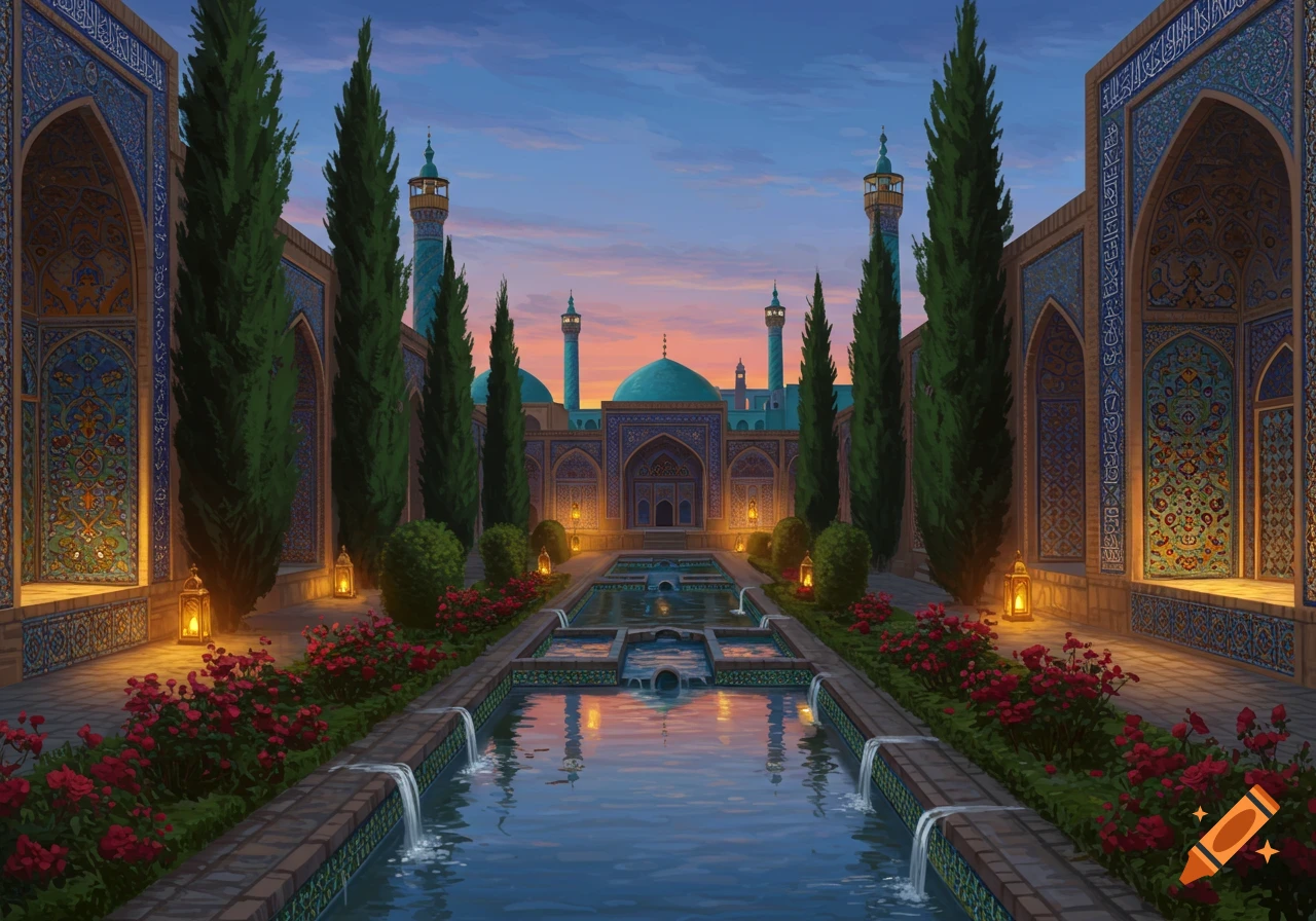 Persian garden with a central pool, fountains, red roses, and cypress trees leading to a mosque-like building with turquoise domes at sunset.