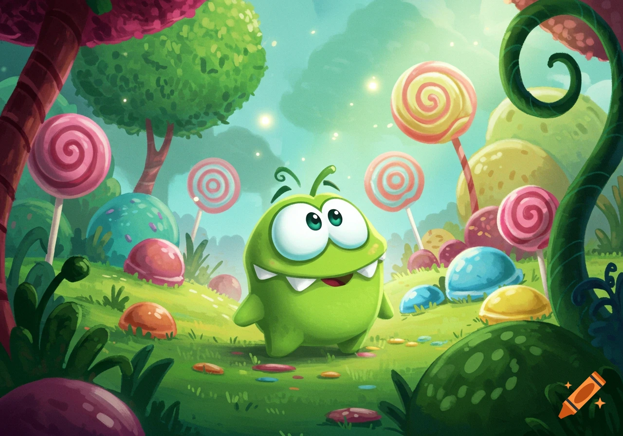 A happy green cartoon monster, Om Nom, stands in a vibrant candy forest with lollipops and colorful sweets.