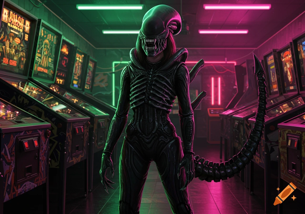 A person in a detailed black Xenomorph costume stands in a neon-lit arcade among pinball machines, glowing with green and pink light.