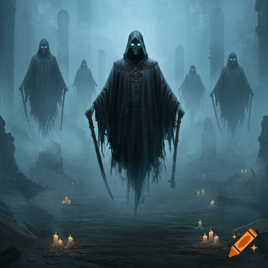 Multiple hooded ghost reapers with glowing blue eyes float in a misty, candlelit ruined landscape, holding swords. Dark fantasy art.