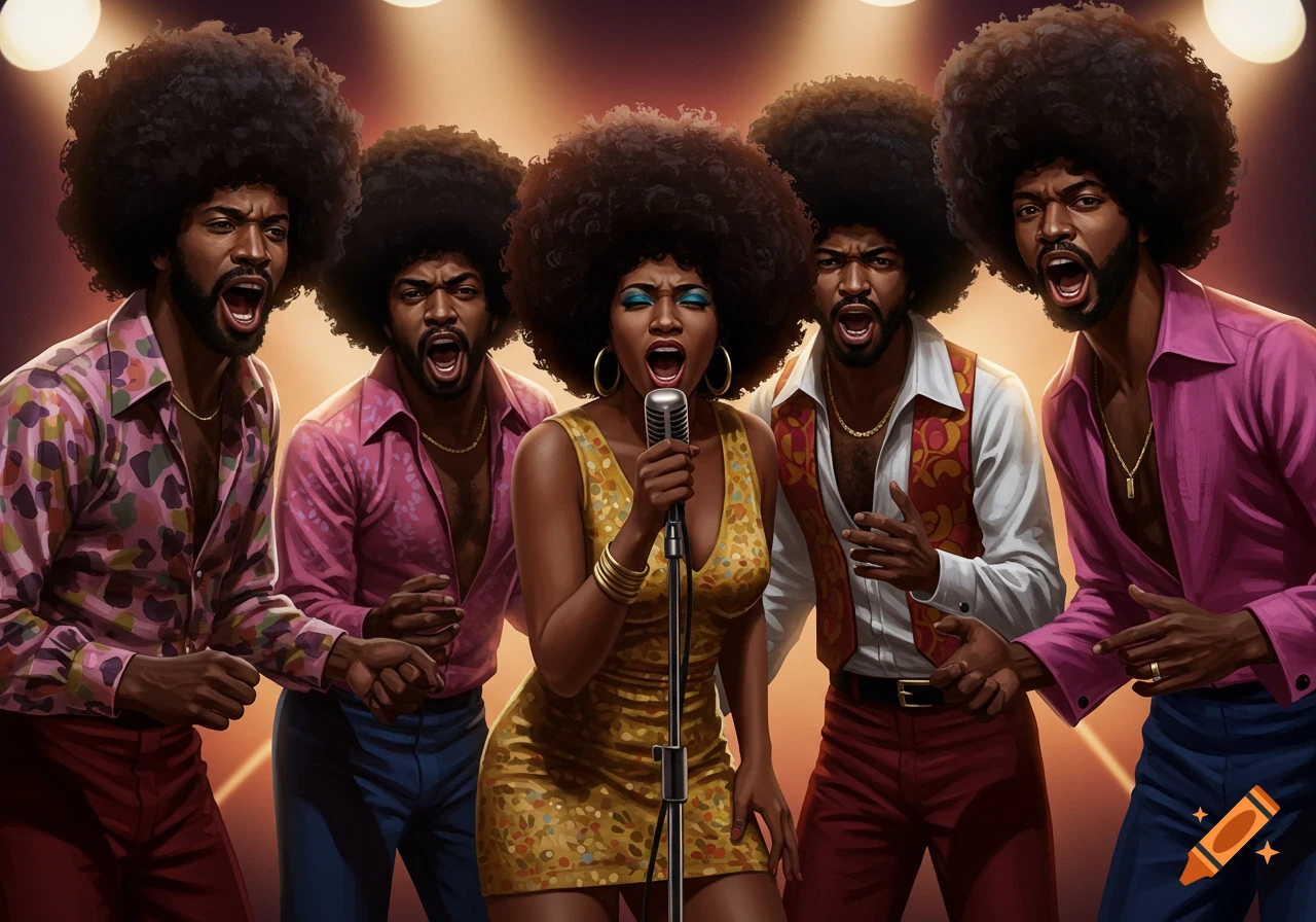 A Black female lead singer with a large afro performs with four male backup singers, all with afros and 70s attire, on a stage with spotlights.