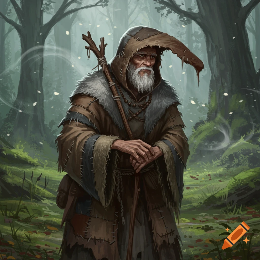 Detailed illustration of an old hermit with a white beard, wearing ...