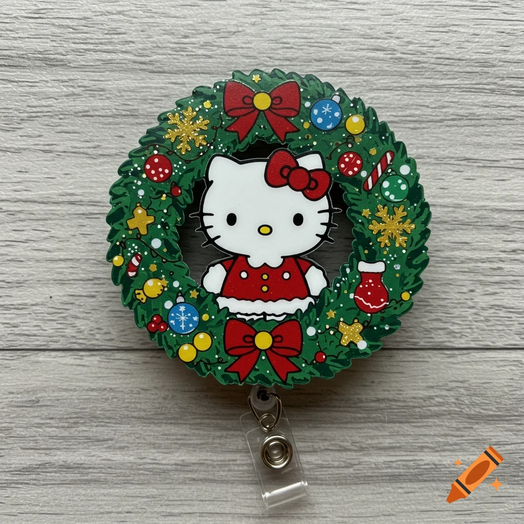A Hello Kitty character in a red dress centered within a festive green Christmas wreath badge reel, decorated with ornaments and bows.