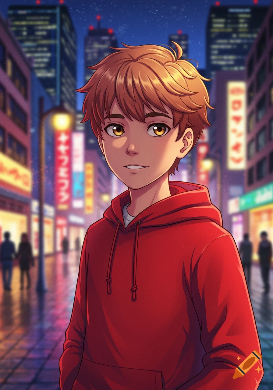 A strawberry blonde anime boy in a red hoodie stands smiling in a vibrant, neon-lit city at night.