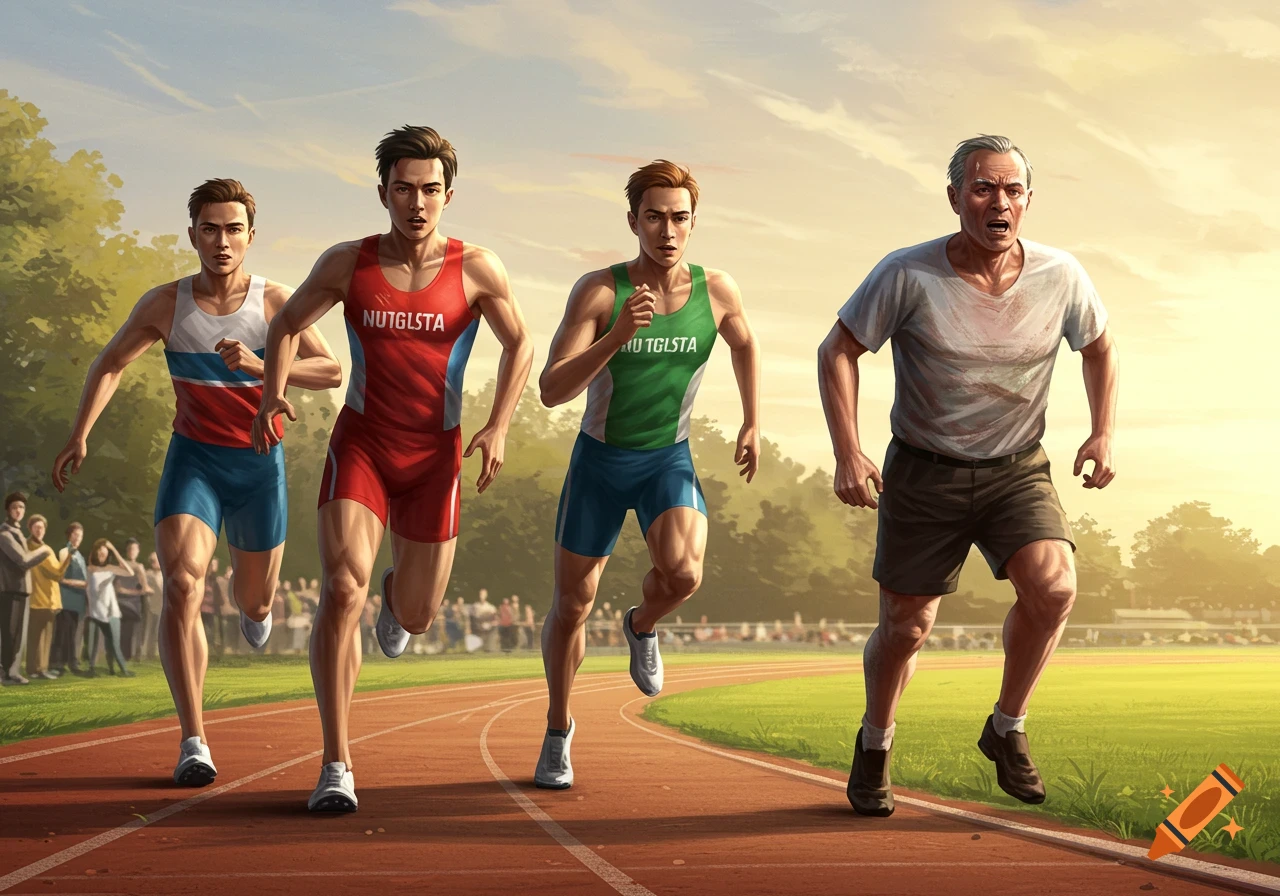 Four male runners, three young and one older, compete on a track, with the older man panting. The image has an illustrated style.