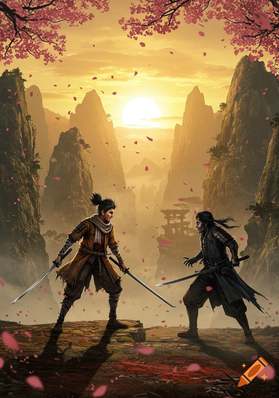 Two samurai warriors with katanas face each other on a rocky cliff, under a golden sunset with cherry blossoms falling.