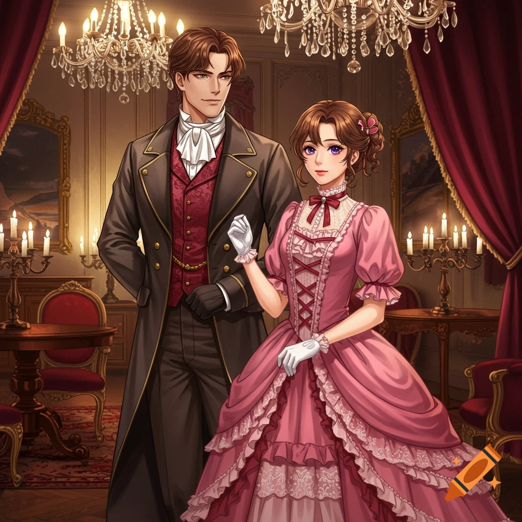 Anime-style Victorian man in a dark suit and a woman in a pink ruffled dress stand in an opulent room with chandeliers.