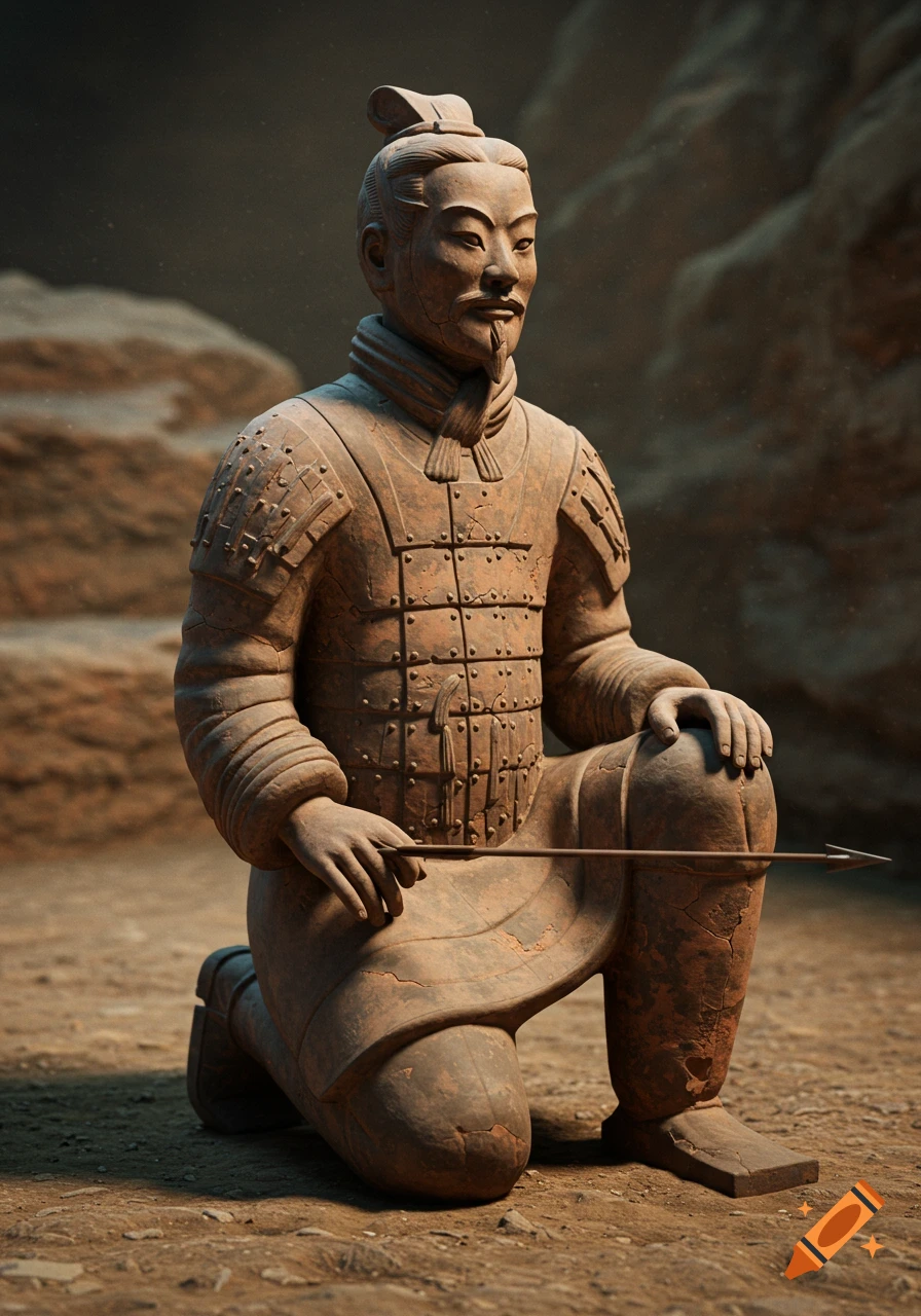 A detailed, aged Chinese terracotta kneeling archer statue from the Qin dynasty, wearing armor and holding an arrow.