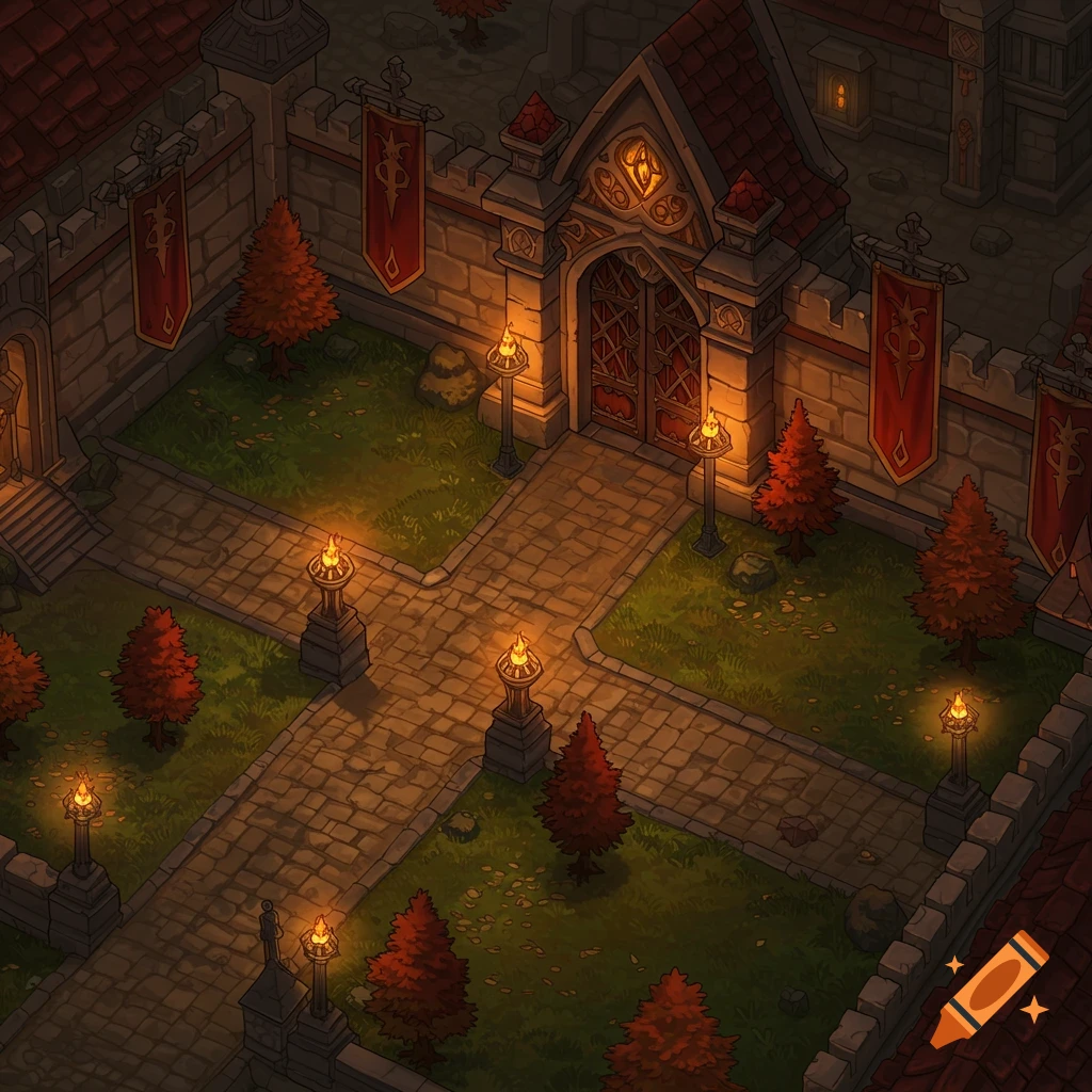 A top-down isometric fantasy battle map depicting a stone monastery entrance at night, illuminated by torches, with red banners and autumn trees.