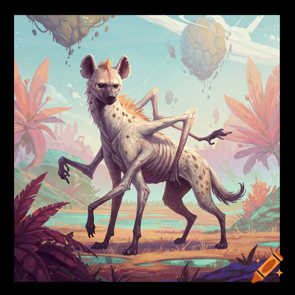 An unrealistic, spotted hyena-like creature with multiple spindly limbs stands in a fantasy landscape with alien plants and floating islands under a blue sky, in an illustrative style.
