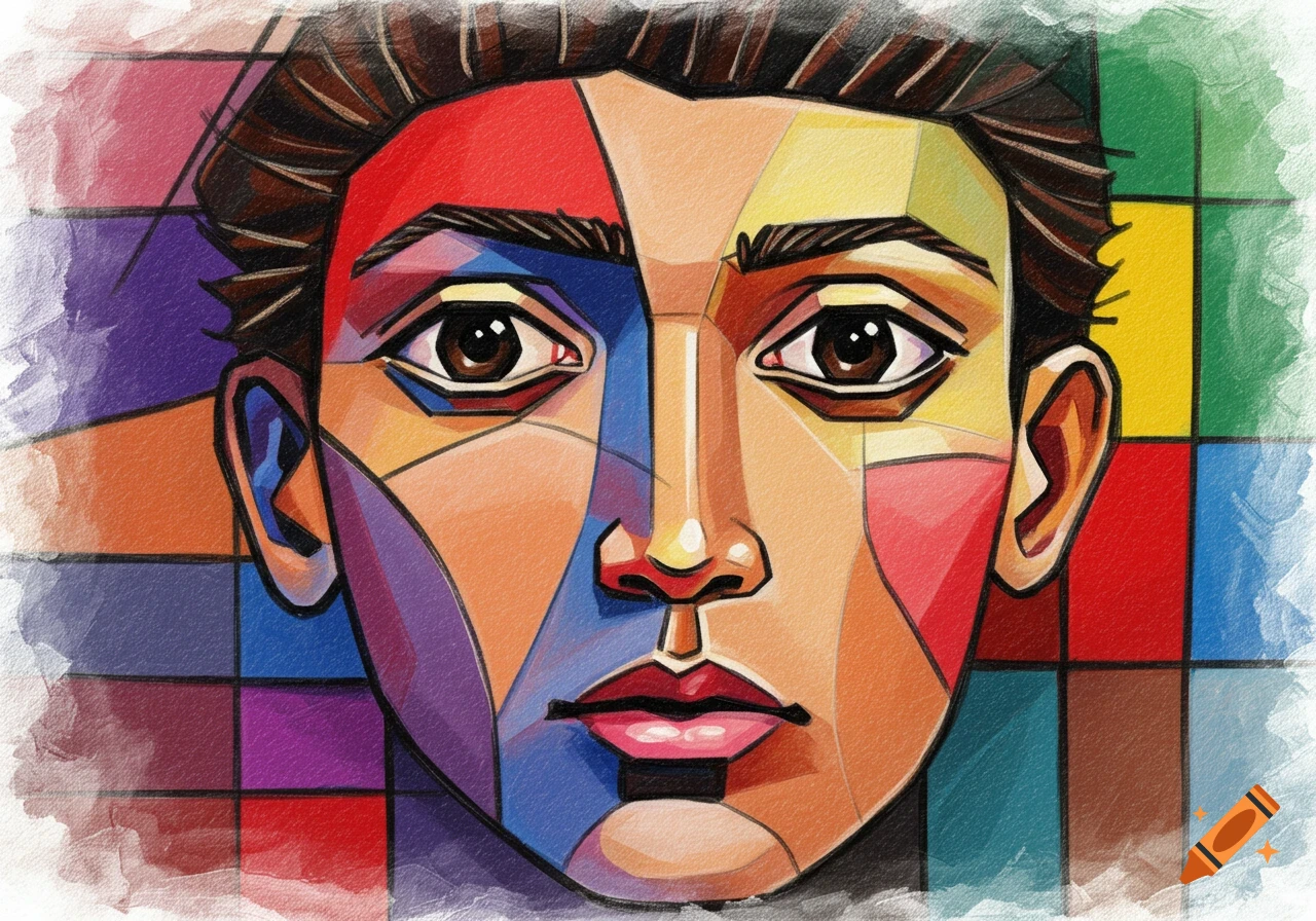 A colorful cubist portrait of a human face with fragmented shapes, bold outlines, and vibrant blocks of color, in the style of Picasso.