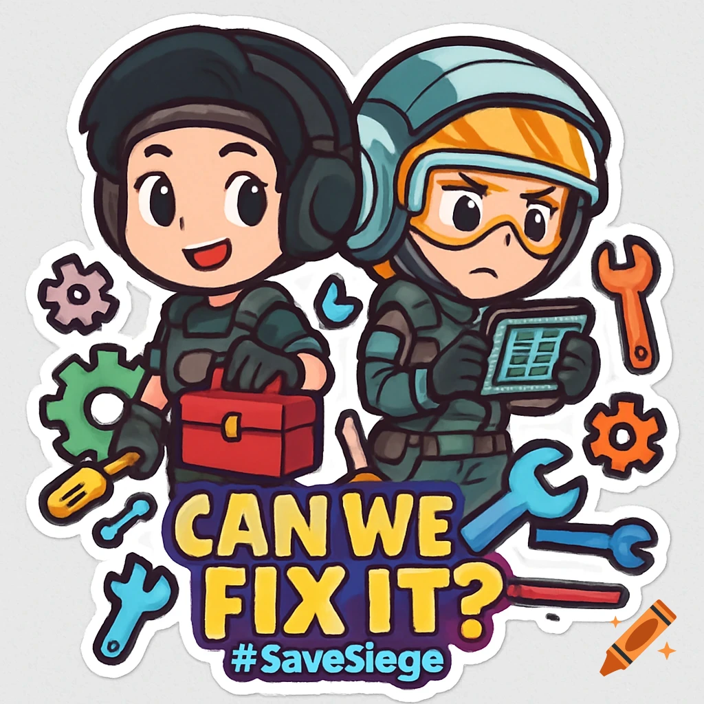 A chibi style sticker featuring two R6 Siege characters, one holding a toolbox and the other a tablet, surrounded by tools, with text 'CAN WE FIX IT?' and '#SaveSiege'.