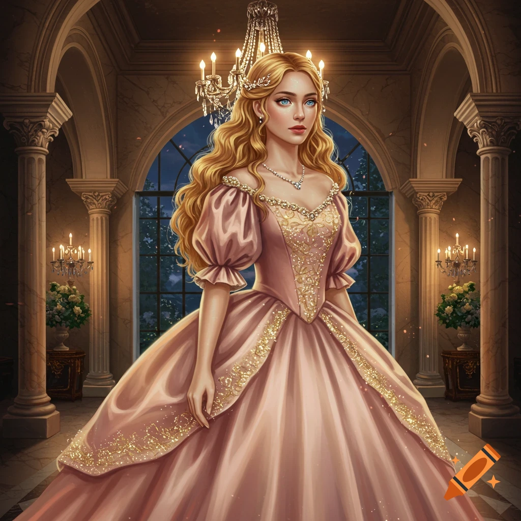 An illustration of a princess with long blonde hair and blue eyes, wearing a pink puffy gown, standing in a grand hall with chandeliers.