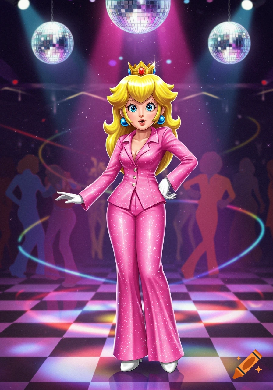 Princess Peach in a sparkly pink disco suit, crown, and white gloves, posing on a checkered dance floor under disco balls.