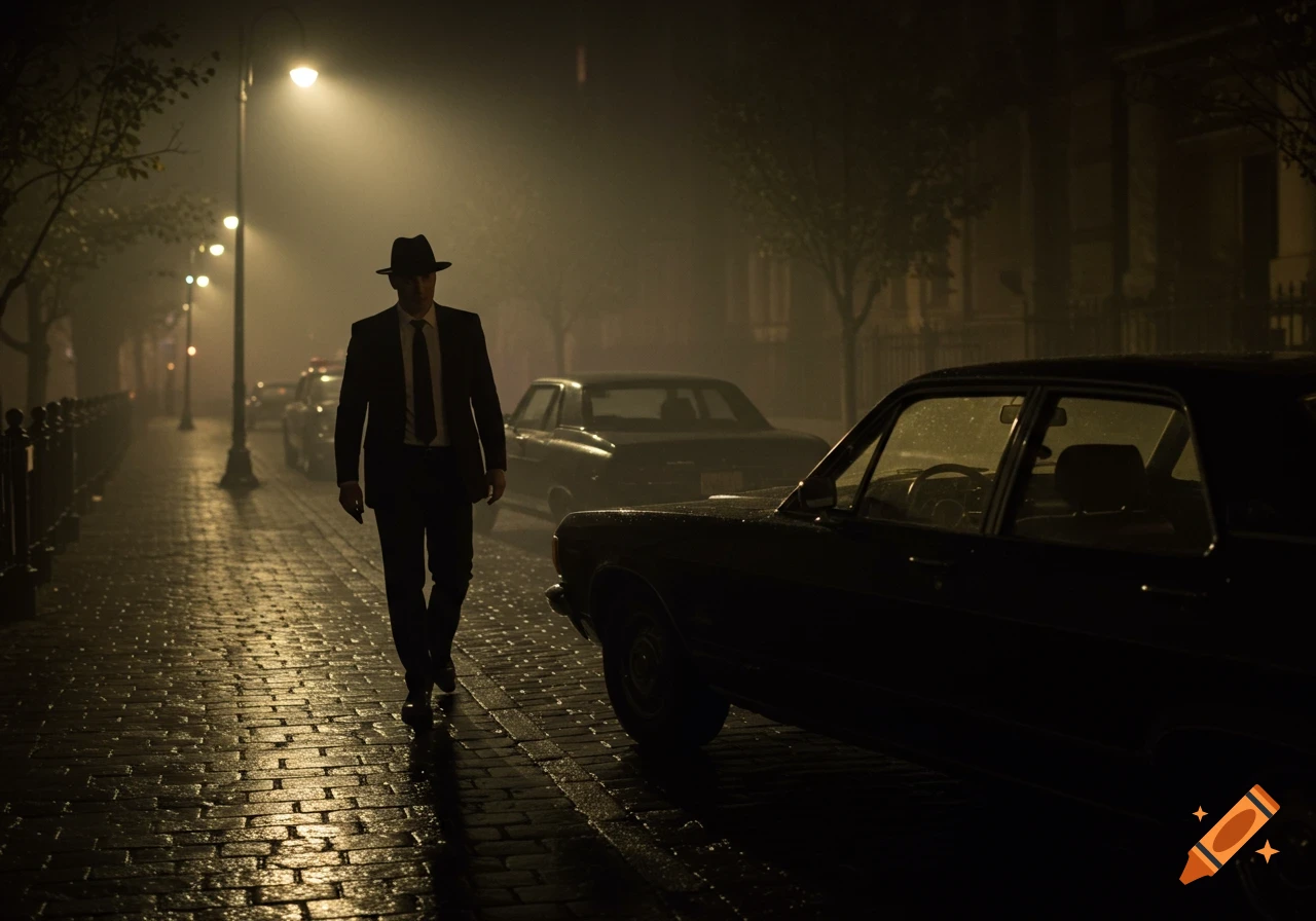 A man in a suit and fedora walks on a wet, foggy cobblestone street at night, illuminated by streetlights, with parked cars in a noir style.
