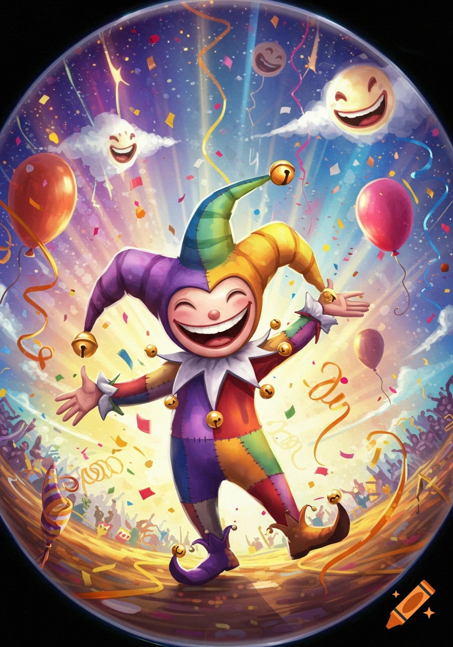A cheerful cartoon jester in a colorful patchwork costume smiles amidst confetti, balloons, and smiling cloud faces at a vibrant celebration.