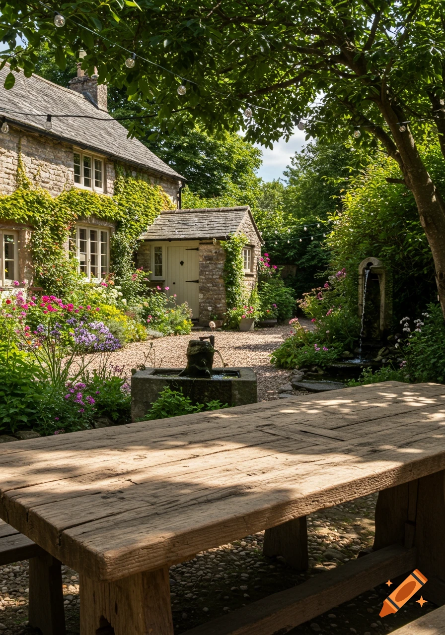 A quaint stone cottage covered in ivy with a lush flower garden, water features, and a rustic wooden table in the foreground.
